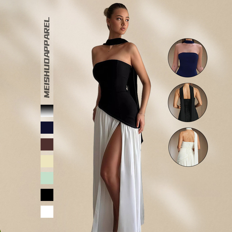 ชุดเดรสไม่มีสายสำหรับผู้หญิง ออกแบบหรูหรา สไตล์ฝรั่งเศส มิดิ พร้อมโบว์ สำหรับฤดูร้อนที่ผิดปกติ