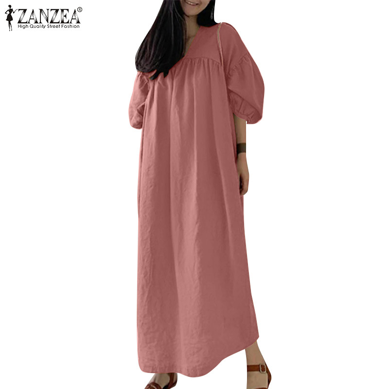 ZANZEA ผู้หญิงเกาหลีแฟชั่น Casual V คอโคมไฟแขน Pleats หลวมชุดตรง