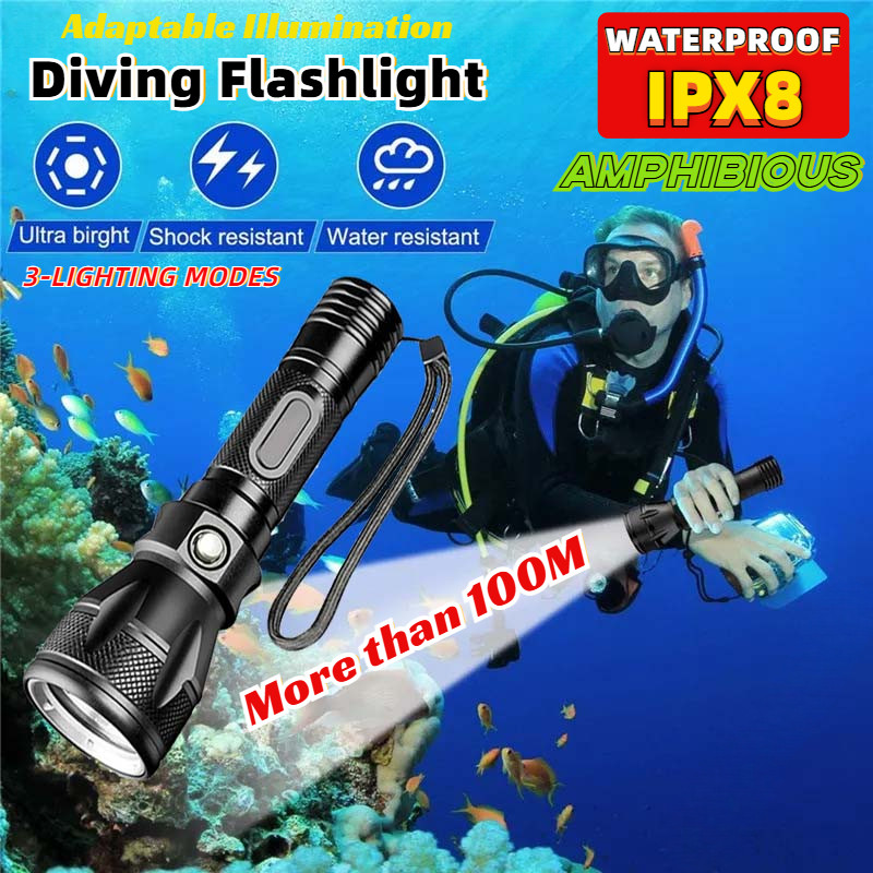 T6 ไฟฉายดําน้ําสดใส DV75 ชาร์จตกปลาสะเทินน้ําสะเทินบก/ไฟฉายดําน้ํา LED 3-Lighting โหมดสวิทช์ใต้น้ํา 