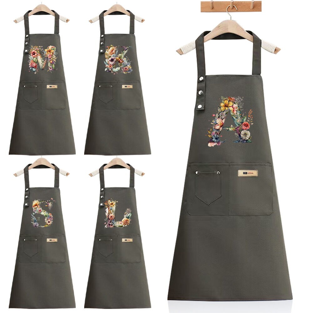 Kitchen Apron Waterproof Chef's Gardening Apron  Work Apron Green floral letter Series