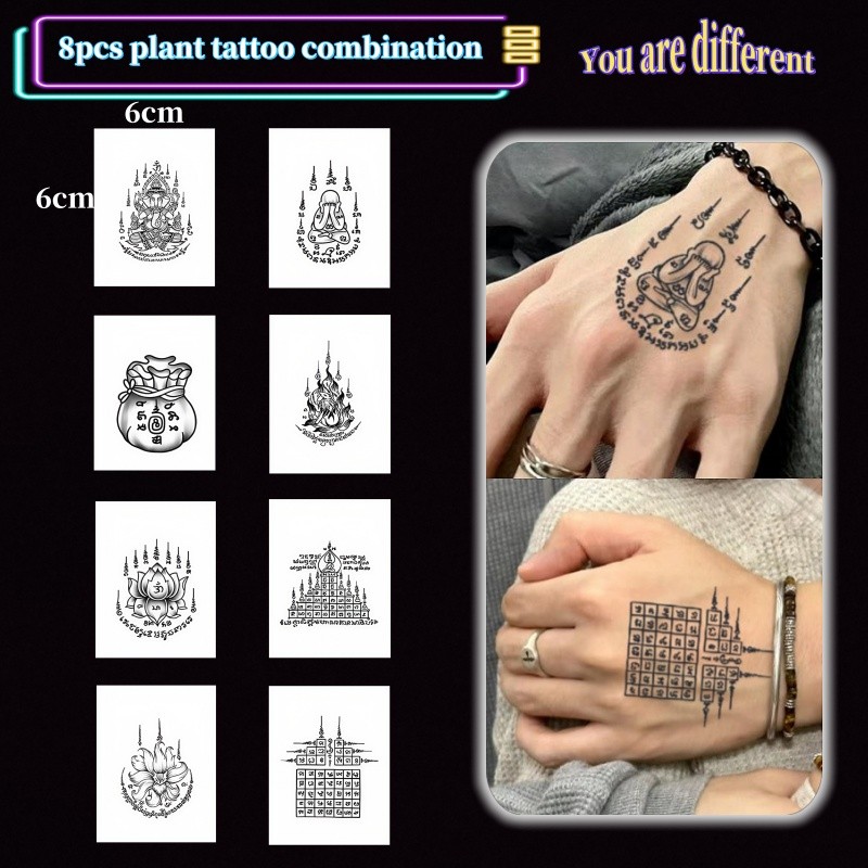 8ชิ้นสีดําข้อความแบบสักน่ารักสาวแขนพืชสักสติกเกอร์รอยสักกันน้ํายาวนาน15วันสติกเกอร์ผิวชั่วคราวสักปลอม