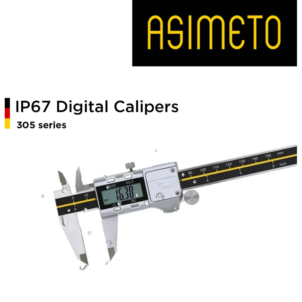 Asimeto เวอร์เนียดิจิตอลกันน้ำ ปุ่มโลหะ (IP67 Digital Caliper) 6'' 0-150 มม,8'' 0-200 มม,12'' 0-300 