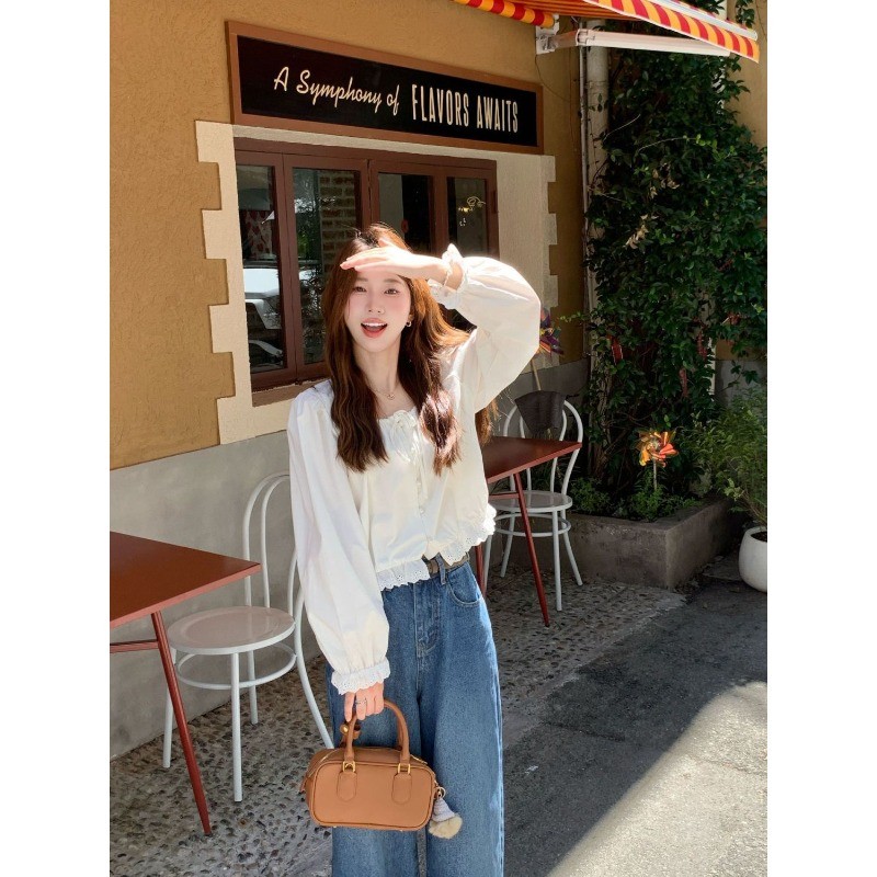 🧡LINNA🧡ลูกไม้ ปลอกคอสแควร์ แขนยาว เสื้อเชิ้ต แฟชั่น