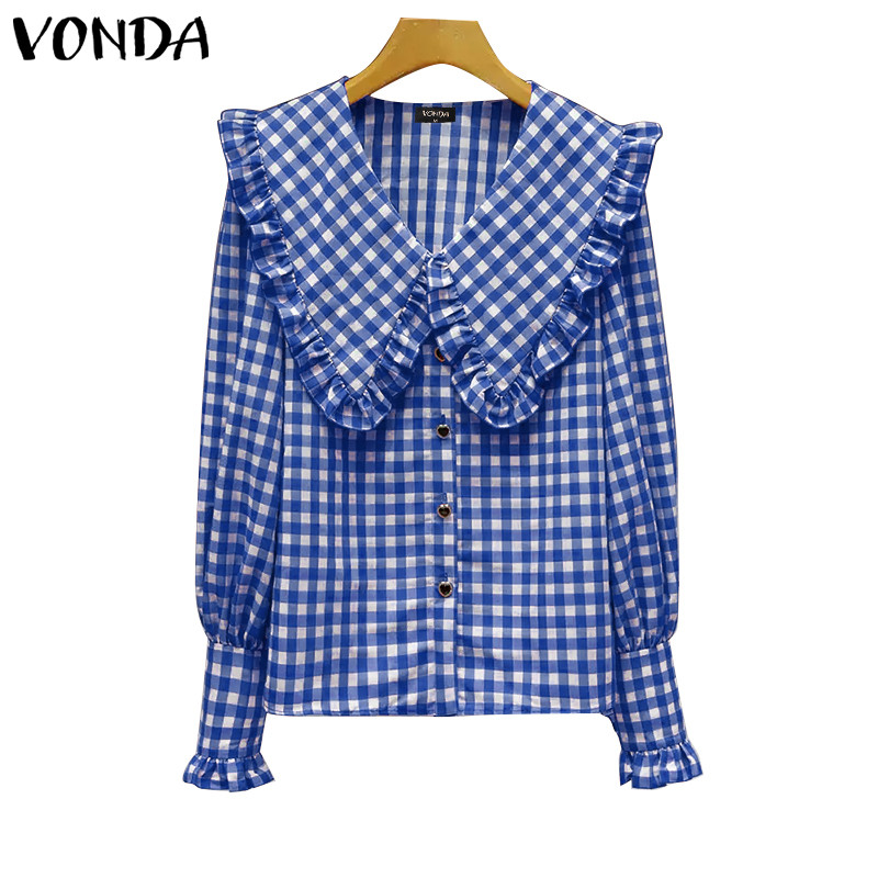 Vonda เสื้อสตรีแฟชั่นเกาหลีปกลายสก๊อตหูไม้เสื้อแขนยาว