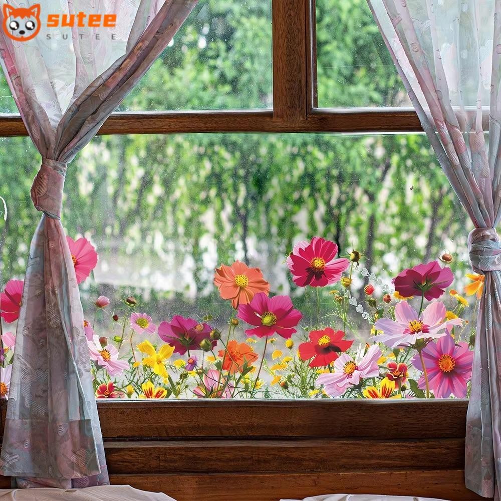 Suteee สติ๊กเกอร์มีกาวในตัว, จิตรกรรมฝาผนังตกแต่งบ้าน, สติ๊กเกอร์ติดผนังโปร่งใส, ดอกไม้สีสันสดใสสวยงาม กระจก Windows Decor หน้าต่างห้อง