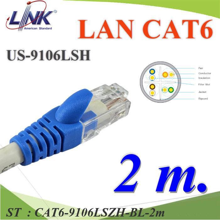2 เมตร สายแลนสำเร็จรูป Link CAT6 US-9106LSZH สีขาว พร้อมย้ำหัวสาย RJ45 หัวล็อกสายสีฟ้า รุ่น CAT6-910