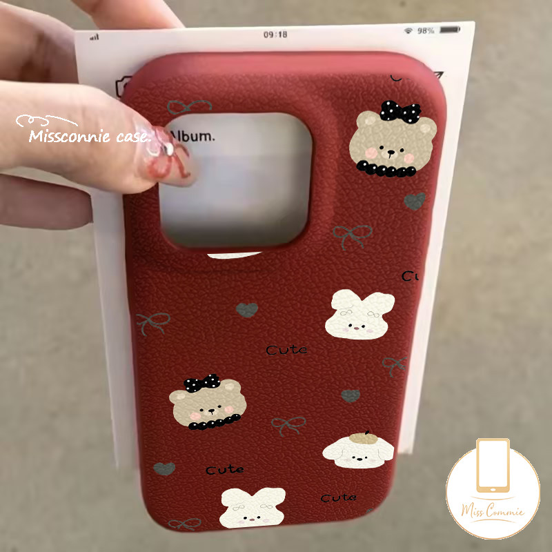 แฟชั่น Doodle Puppy Bunny Bear Bow Love คู่ Soft Tpu เคสโทรศัพท์สําหรับ IPhone 11 16 15 13 12 14 Pro Max 15 14 16 Plus INS หรูหราผิวรู้สึกหนังฝาครอบโทรศัพท์