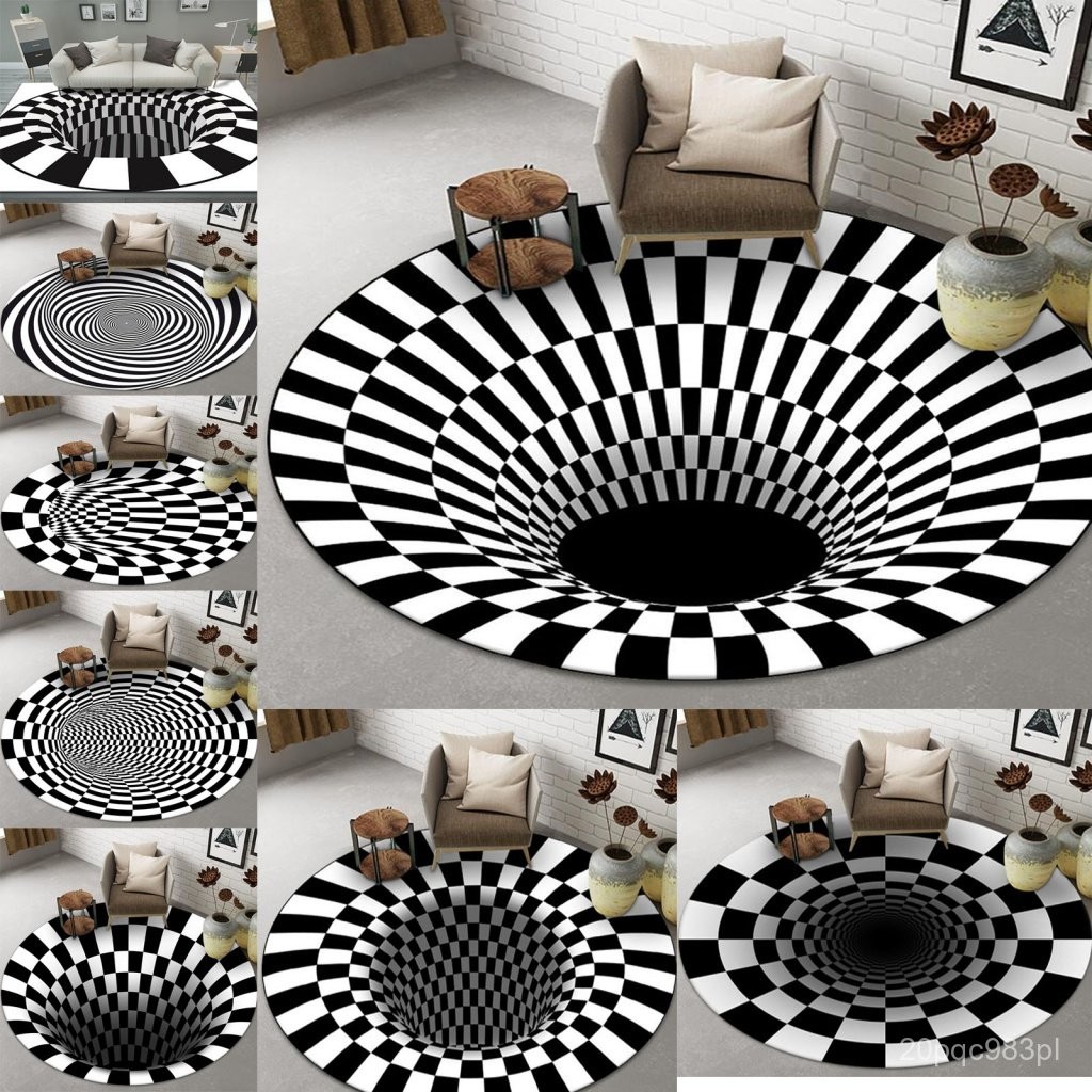 3D Vortex Optical Illusion Rug Round Area Rug Black Hole Stereo Carpet Illusion Flannel Rugs Black a