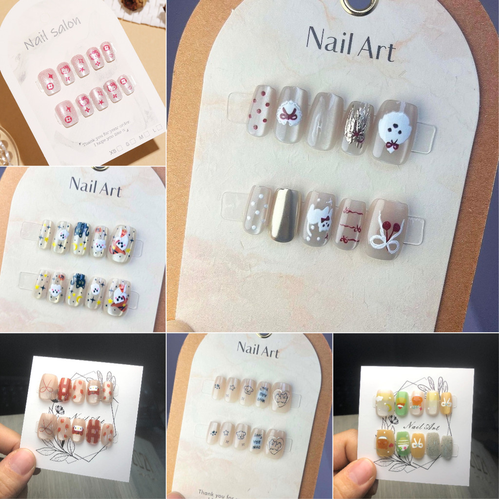 10PCS เล็บปลอมการ์ตูน ชุดสั้นน่ารัก พร้อมต่อเล็บ Cat Eye