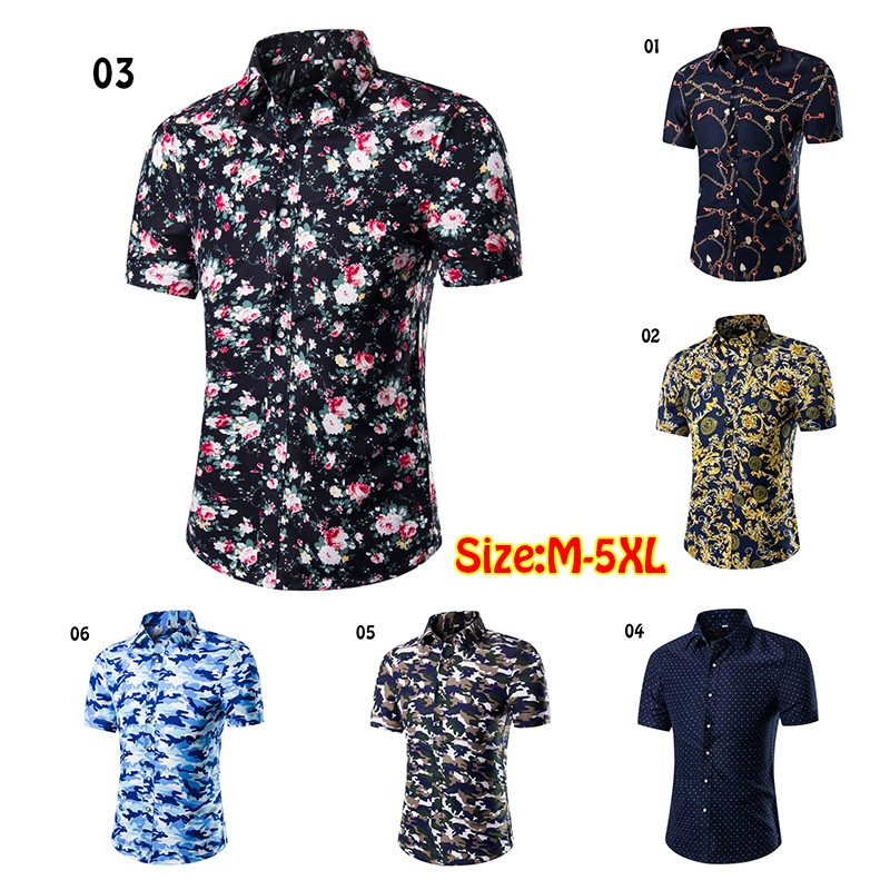 สต็อกพร้อม!6 สีฤดูร้อนผู้ชายใหม่แขนสั้นเสื้อบางยืนปกดอกไม้พิมพ์เสื้อลําลองเสื้อระบายอากาศ