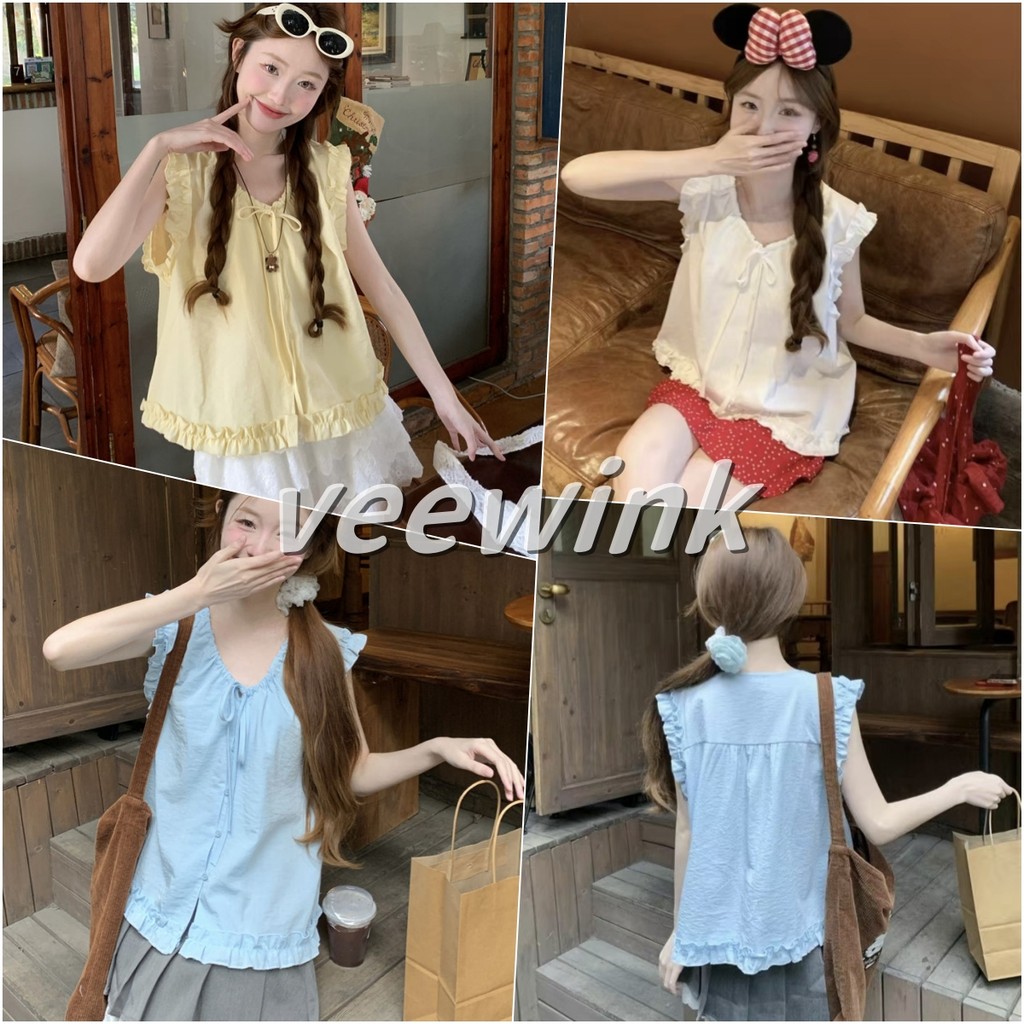 Veewink พร้อมส่งจากกทม mini top แต่งระบายด้านหน้า คอวีแขนกุด เซ็กซี่เท่ หลังคอติดกระดุม หรูหรา