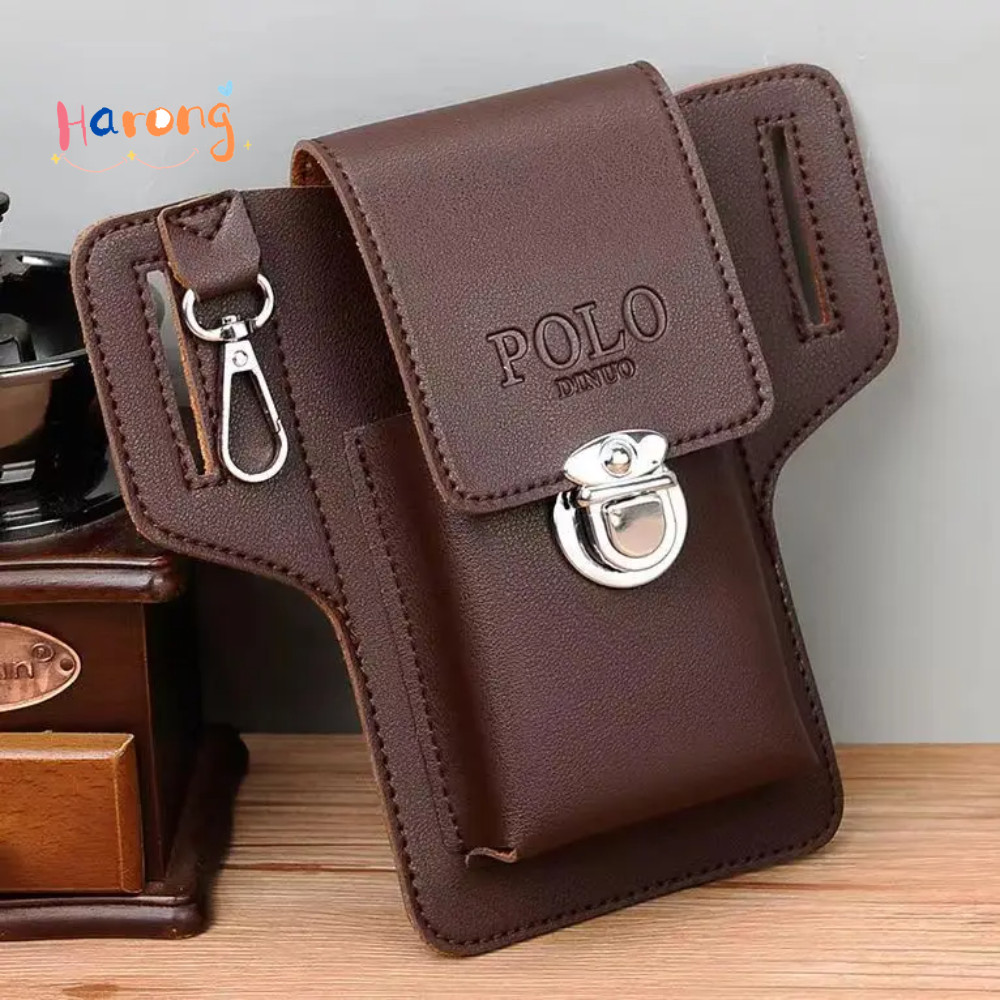 HARONG เข็มขัดผู้ชาย Leather ,สีทึบ PU Phone Waistpack, กระเป๋าการ์ดพกพา