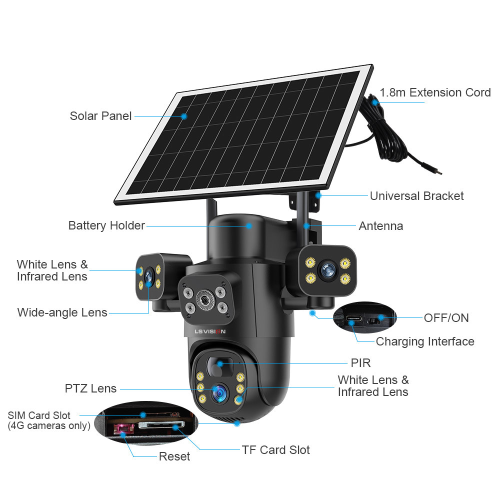 ​LS VISION กล้องวงจรปิดพลังงานแสงอาทิตย์ 15MP V380 Pro 4G/WiFi 3 เลนส์ 10X ซูมดิจิตอลการติดตามอัตโนมัติและที่เก็บข้อมูลคลาวด์​ 8000มะห์ - รูปที่ 7