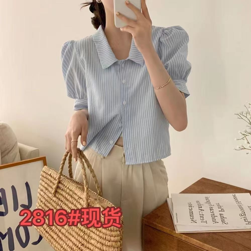 เสื้อคอปกตุ๊กตาเกาหลี ลายสก๊อต กระดุมแถวเดียว แขนสั้น Note Me Knit Xi Kee 5TYD