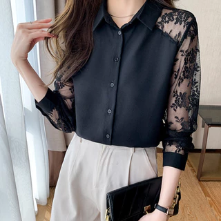 เสื้อเชิ้ตแขนยาว ผสมผ้าชีฟอง ลูกไม้ ทรงสวย