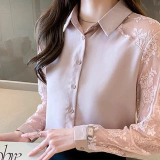 เสื้อเชิ้ตแขนยาว ผสมผ้าชีฟอง ลูกไม้ ทรงสวย