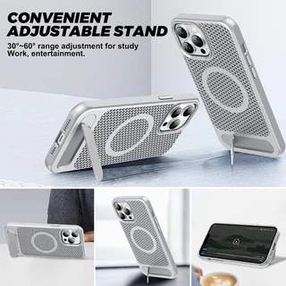 YOOVEI เคส Magnetic Heat Dissipatio สําหรับ iPhone 17/16 Pro, เคส Cooling Drop Protection สําหรับ 15/14/13/12, ขาตั้งแบบปรับได้, Ice Armour Cool Matte วัสดุ - สีเงิน