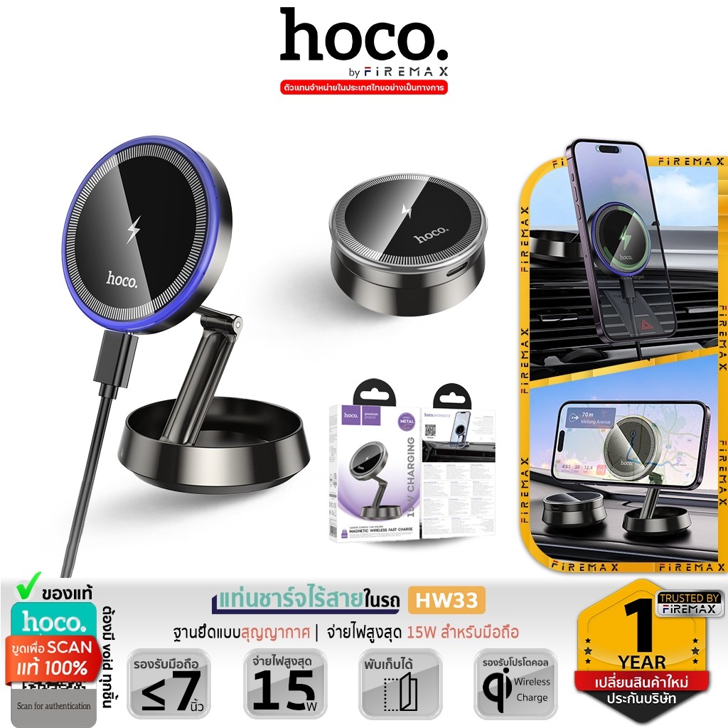 HOCO HW33 แท่นชาร์จไร้สายในรถ จ่ายไฟ 15W รองรับ MagCase สำหรับคอนโซลกลาง ที่วางมือถือในรถ hc4