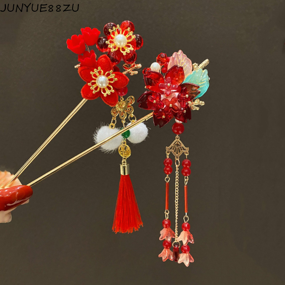 จี้ผมติดวินเทจ สีแดงดอกไม้จีน พร้อมหูฟังและกิ๊บ ผมสไตล์โบราณคลาสสิก เป็นของขวัญพิเศษ