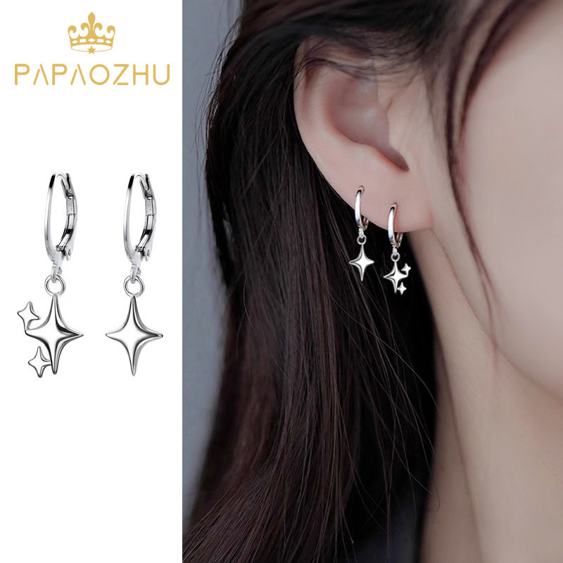 Papaozhu เกาหลี s925 เงิน Tiny Cross Star Hoop ต่างหูสําหรับผู้หญิงผู้ชายทุกวันสวมใส่ต่างหูเครื่องประดับหูของขวัญ