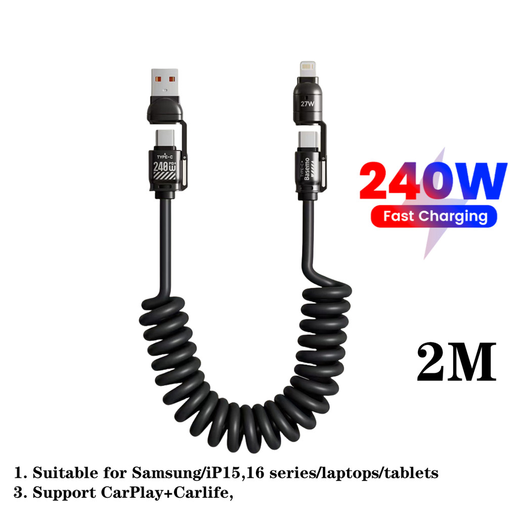 4 in 1 240W ฤดูใบไม้ผลิสายเคเบิลข้อมูล USB Type C รถฤดูใบไม้ผลิ Telescopic Quick Charger ลวด PD27W USB C ฤดูใบไม้ผลิสาย