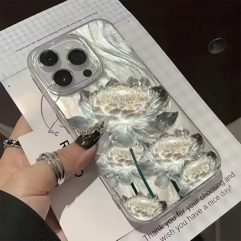 ห้าดอกบัวสีทองลายดอกไม้สําหรับiphone 16 15 14 13 12 11 Pro Max XR X XS Max 7 8 Plus SE2 Equinoxดอกไม้หรูหราขนนกเส้นด้ายเลเซอร์พื้นผิวกันกระแทกปกหลัง