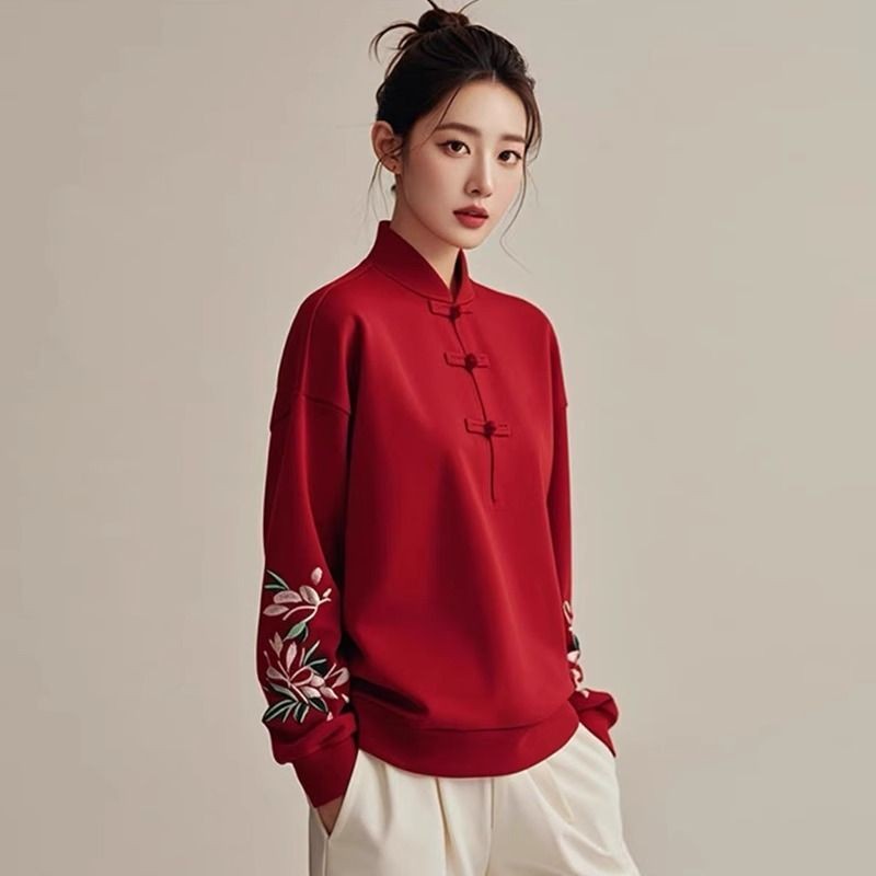 ใหม่สไตล์จีนเสื้อผ้าผู้หญิงสไตล์แห่งชาติ ทั้งหมด-จับคู่ สีแดงเสื้อกันหนาวแจ็คเก็ตผู้หญิงฤดูใบไม้ร่วงฤดูหนาว 2025 สไตล์ใหม่ร้อนขายแฟชั่นแ