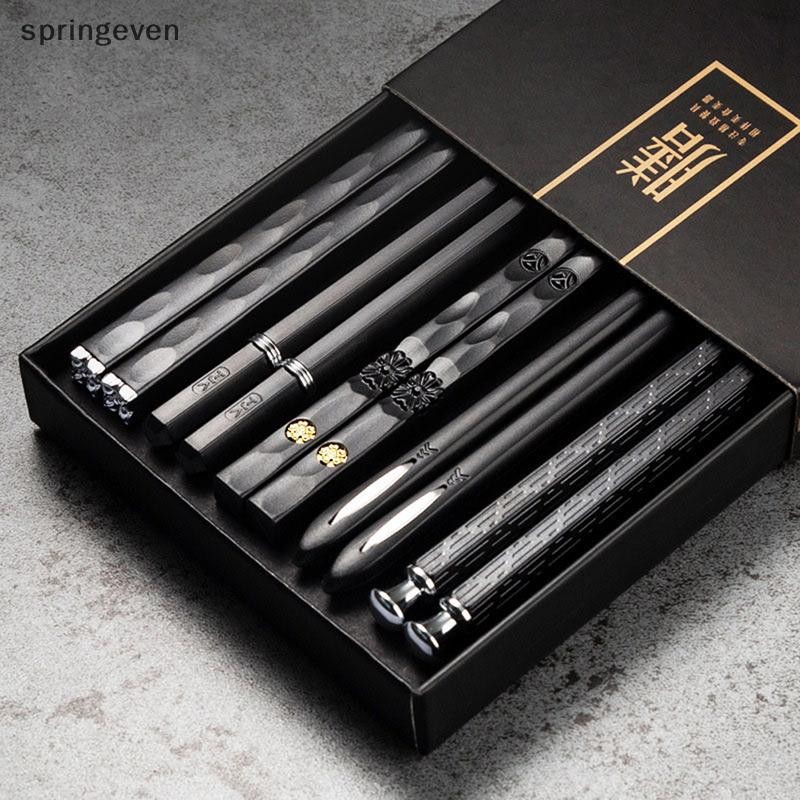 [springeven] ตะเกียบแกะสลักเลเซอร์โลหะผสม 5 คู่แท่งซูชิแบบใช้ซ้ําได้กันลื่นสต็อกใหม่