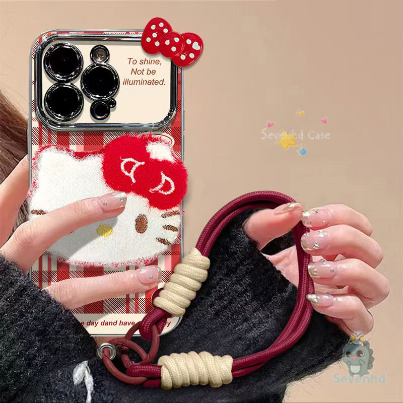 น่ารัก KTปลอกสําหรับiPhone 11 16 7 8 6 6s Plus 15 14 13 12 Pro Xr X Xs Maxการ์ตูนJelly Kitty 3Dโบว์ของขวัญเคสโทรศัพท์+วงเล็บ+โซ่ชุบกันกระแทกฝาหลังป้องกัน