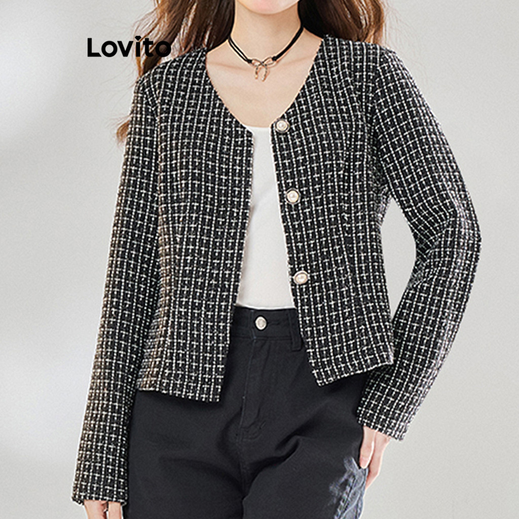 Lovito เสื้อแจ็คเก็ตลายสก็อตติดกระดุมสุดหรูหราสำหรับผู้หญิง L110AD456