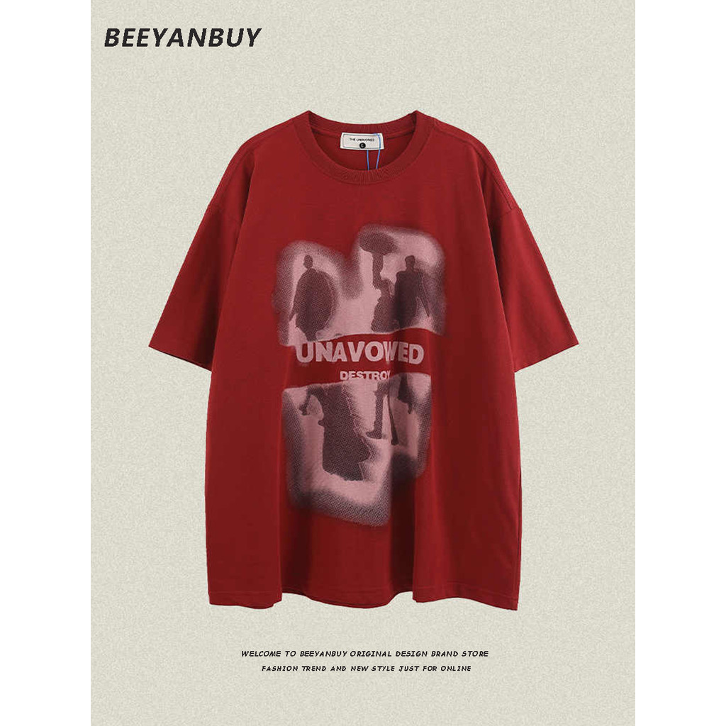 Beeyanbuy เสื้อยืด Oversize เสื้อยืดแขนสั้นทรงหลวมพิมพ์ลายเงามนุษย์แฟชั่น High street และแฟชั่น #I003782