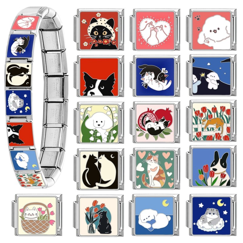 ใหม่สัตว์เลี้ยงแมวรักดอกไม้อิตาเลี่ยน Charm Links Fit 9 มม.สร้อยข้อมือสแตนเลส Diy เครื่องประดับทําอุปกรณ์เสริม Retro บุคลิกภาพโมดูลสร้อยข้อมืออุปกรณ์เสริม