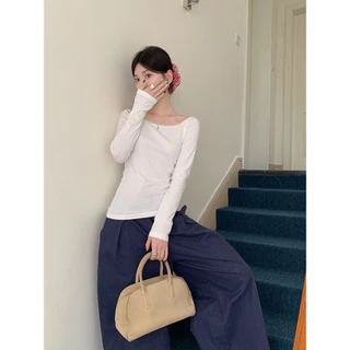 cherryshop พร้อมส่ง เสื้อยืดแขนยาวลูกไม้แฟชั่นเกาหลีสำหรับผู้หญิง ไหล่เดียว สไตล์สลิมฟิต ผ้าเนื้อนุ่ม หวานและเซ็กซี่