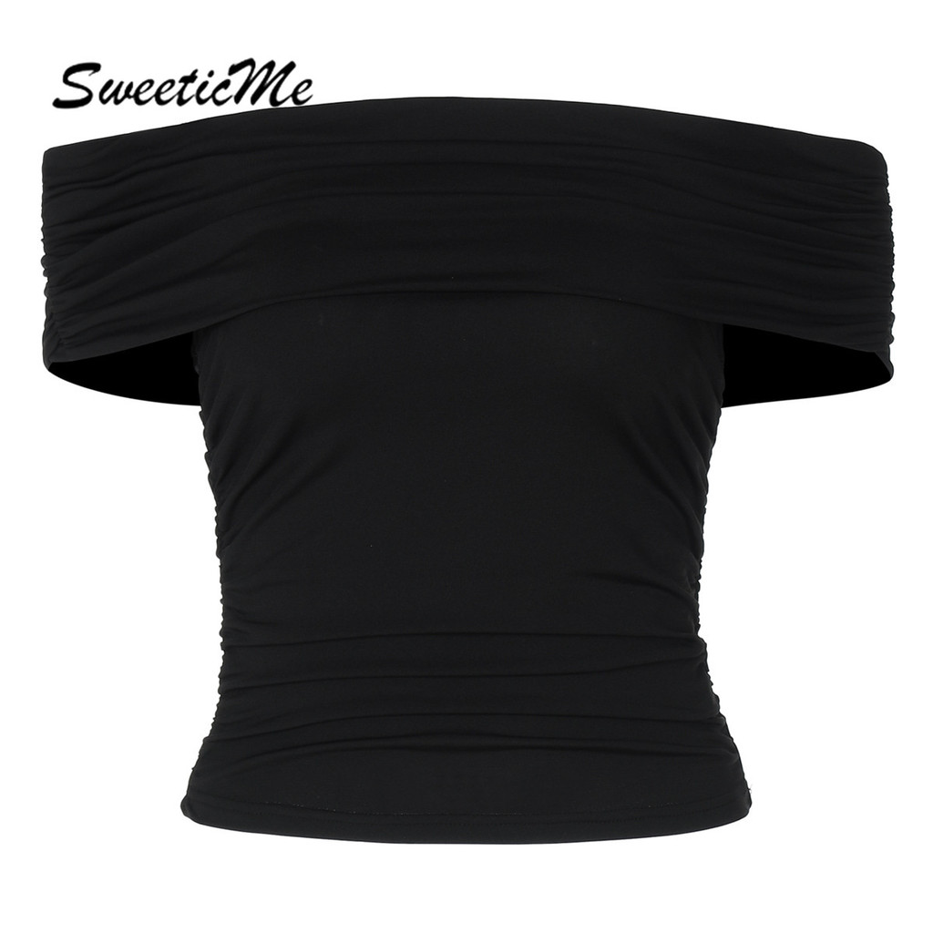 SweeticMe เสื้อสตรี 2025 ใหม่แฟชั่นสีทึบ Slim Fit Crinkle Off Shoulder ใส่ได้กับทุกชุด เสื้อยืด