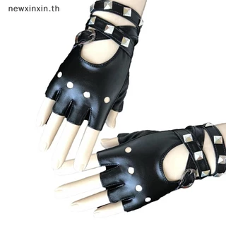 ^N^ ถุงมือหนังครึ่งนิ้วสําหรับผู้หญิง Punk Rivets เข็มขัดถุงมือปาร์ตี้ฮาโลวีน Punk {T}