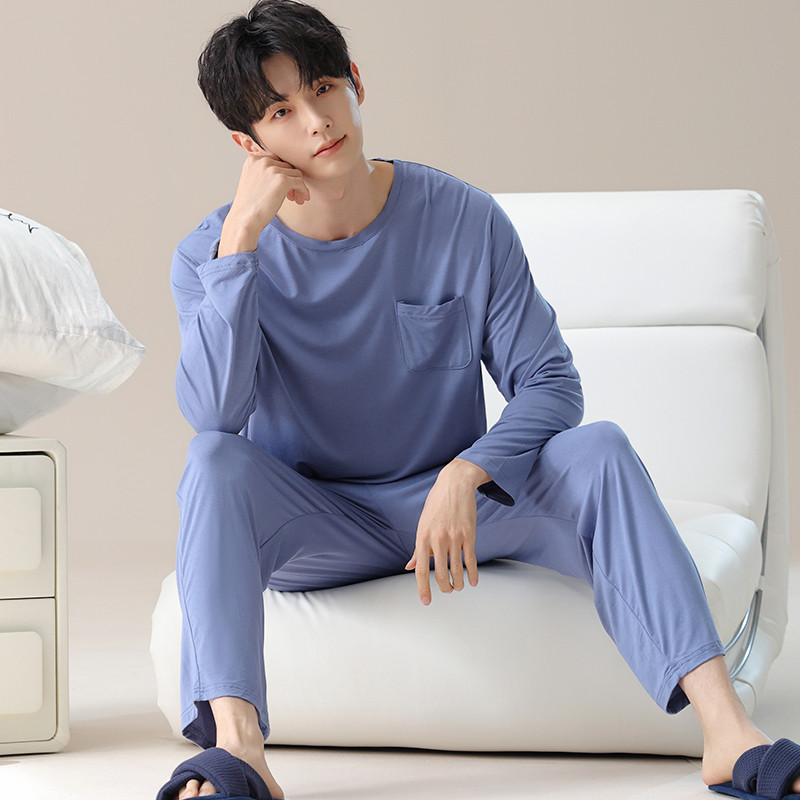 ชุดนอนผู้ชาย Modal ชุดนอนฤดูใบไม้ผลิฤดูใบไม้ร่วงแขนยาวชุดนอน Man ผ้าฝ้ายสีทึบสไตล์เรียบง่าย Loungewear - รูปที่ 6