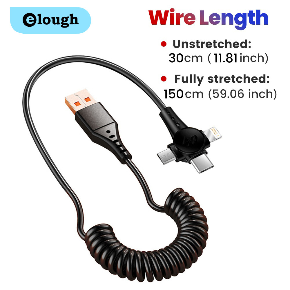 Elough 120W 3-in-1 Multi-functional Fast Charging Spring Cable สําหรับโทรศัพท์มือถือ USB ถึง Type-C /Micro Android สายชาร์จในรถยนต์ 1.5M สีดําสีขาว
