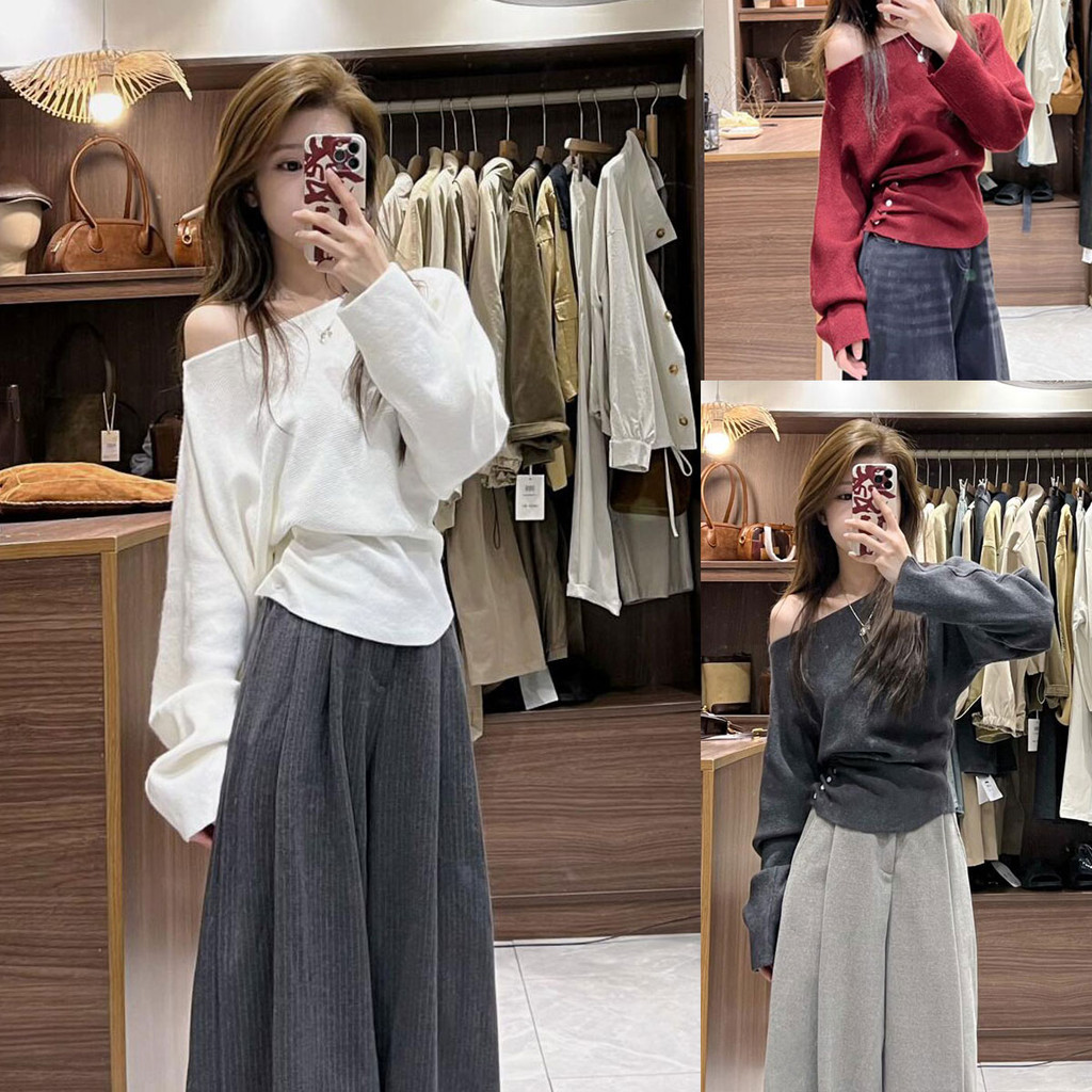 Dahong 🌟เสื้อไหมพรมแขนยาวสีแดง ดีเทล เสื้อสเวตเตอร์ไหล่เดียวเกาหลี เปิดไหล่ใส่ได้สองด้านสีสดใส V114