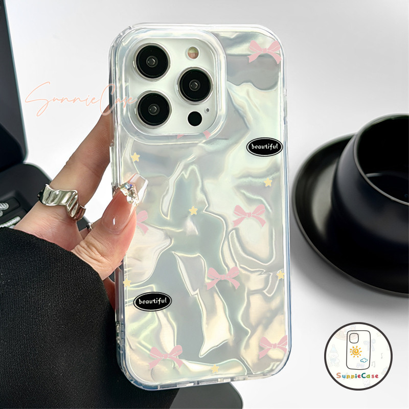 สีชมพู โบว์ เคสไอโฟน11 สำหรับ IPhone 15 16 11 13 14 12 Pro Max 8Plus 7Plus X XR XS Max 7 8 16 15 Plus SE ระลอกน้ำ เคส