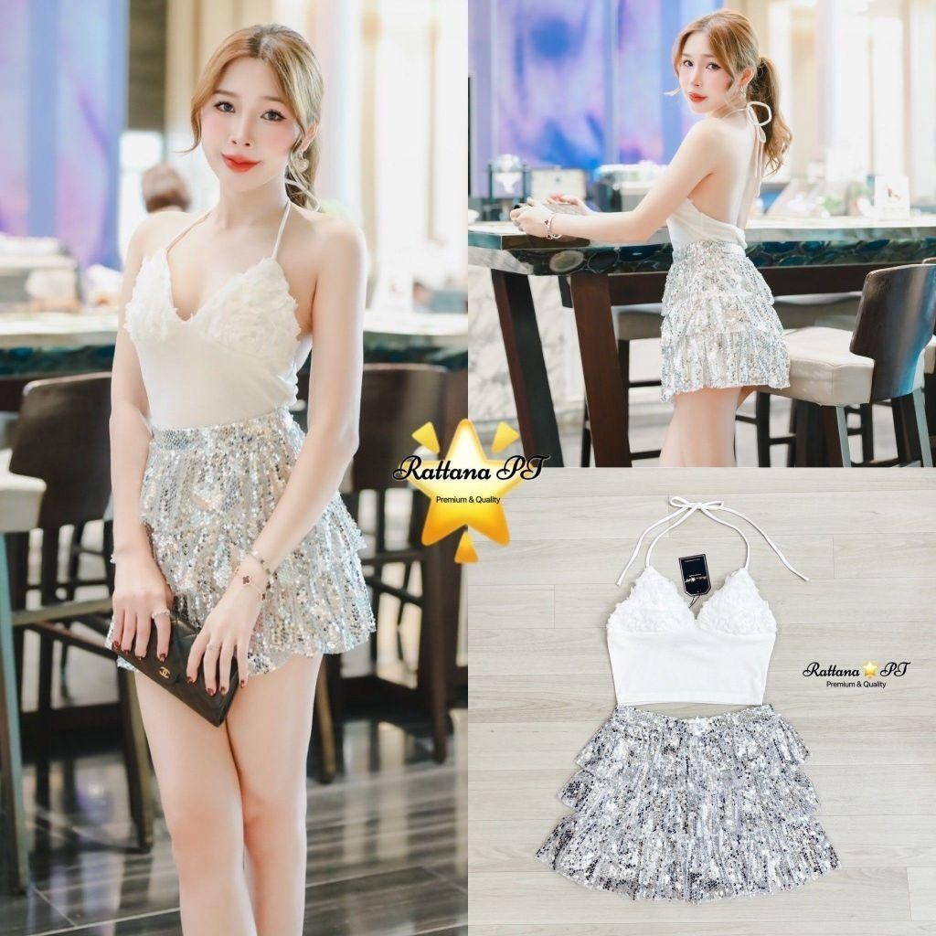 PD (พร้อมส่ง) Rattana45 ชุดเซตเสื้อ+กระโปรง sexy-ขาวเงิน ร้าน  PD.shop
