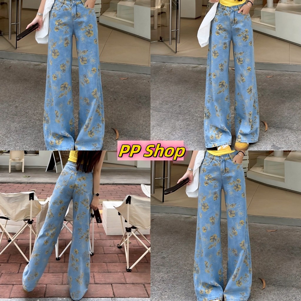 💜PP SHOP💜พร้อมส่ง กางเกงยีนส์ กางเกงทรงกระบอก กางเกงขากว้าง ขายาว เอวสูง ดีเทลแต่งลายดอกไม้ ใส่แล้วผ
