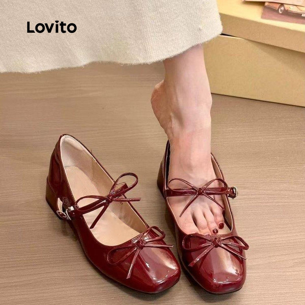 (Trendy) Lovito สง่างามสีพื้นRed โบว์แมรี่เจนวินเทจวินเทจรองเท้าบัลเล่ต์ปุ่ม แมรี่เจนสําหรับผู้หญิง LFA75061