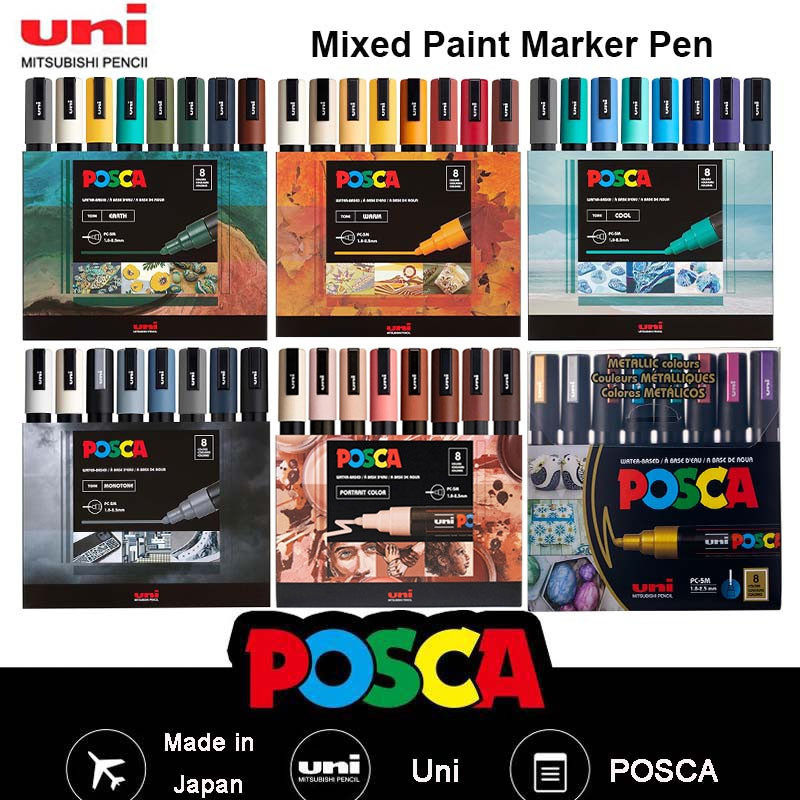 POSCA 5M ใหม่ 8 สีชุดเครื่องหมาย,Uni อะคริลิคขนาดกลางสี Marker ปากกา 8C Warm/Earth/Mono/Cool Tones Series ของขวัญที่ดีที่สุด Art Supply