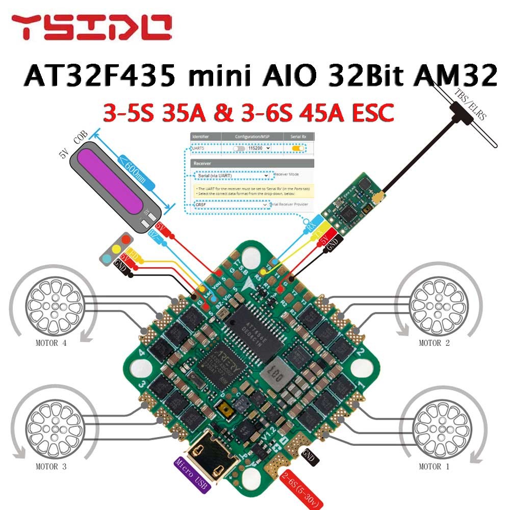 AT32F435 mini AIO 32Bit AM32 3-5S 35A 3-6S 45A ESC Board Flight Controller 25.5*25.5 มม.ติดตั้งรูปแบ