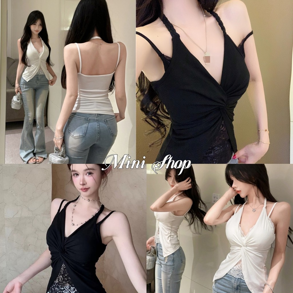 Mini shop🌸พร้อมส่ง🌸(FY5518)เสื้อสายเดี่ยว สีขาวดำ คอวี เสริมฟองน้ำ เซ็กซี่เบาๆ เสื้อแฟชั่น