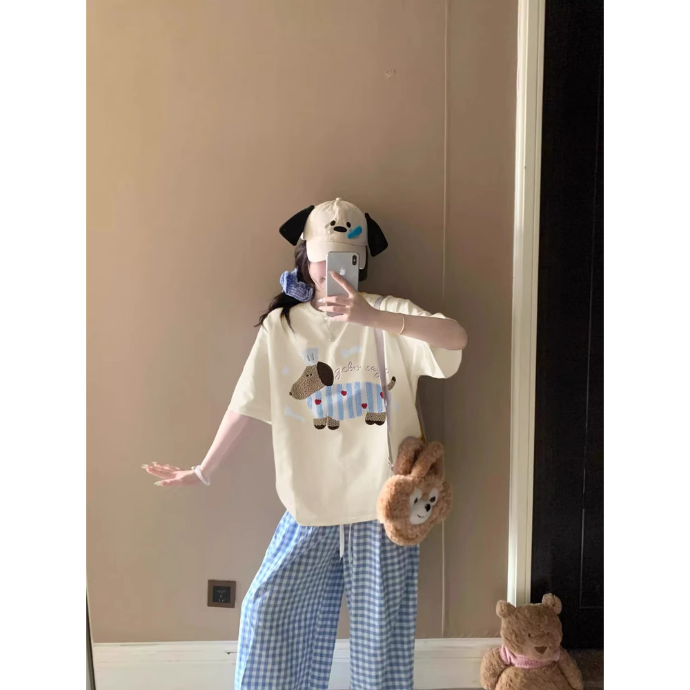 เกาหลี ผ้าฝ้าย100% เสื้อยืดแขนสั้น Oversize CMDXY8386 ผู้ชาย ผู้หญิง ลายทาง ตัวอักษร การ์ตูน หลวม ฤดูร้อน ฤดูใบไม้ผลิ