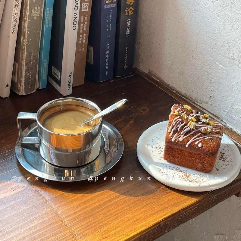 Niche ins สไตล์ถ้วยกาแฟสแตนเลสน้ําชายามบ่ายเย็นอเมริกันลาเต้ถ้วยกาแฟจานรองชุด Retro ประณีต ราคา ถูกที่สุด ดีลบีเคเค แกลเลอรีภาพที่ 5