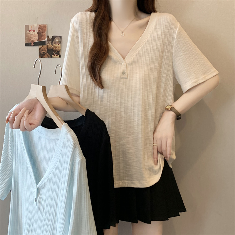 ไขมัน MM ขนาดใหญ่ V คอ Textured เสื้อยืดแขนสั้น Slimmer ดูปกเนื้อ Top 4MWU