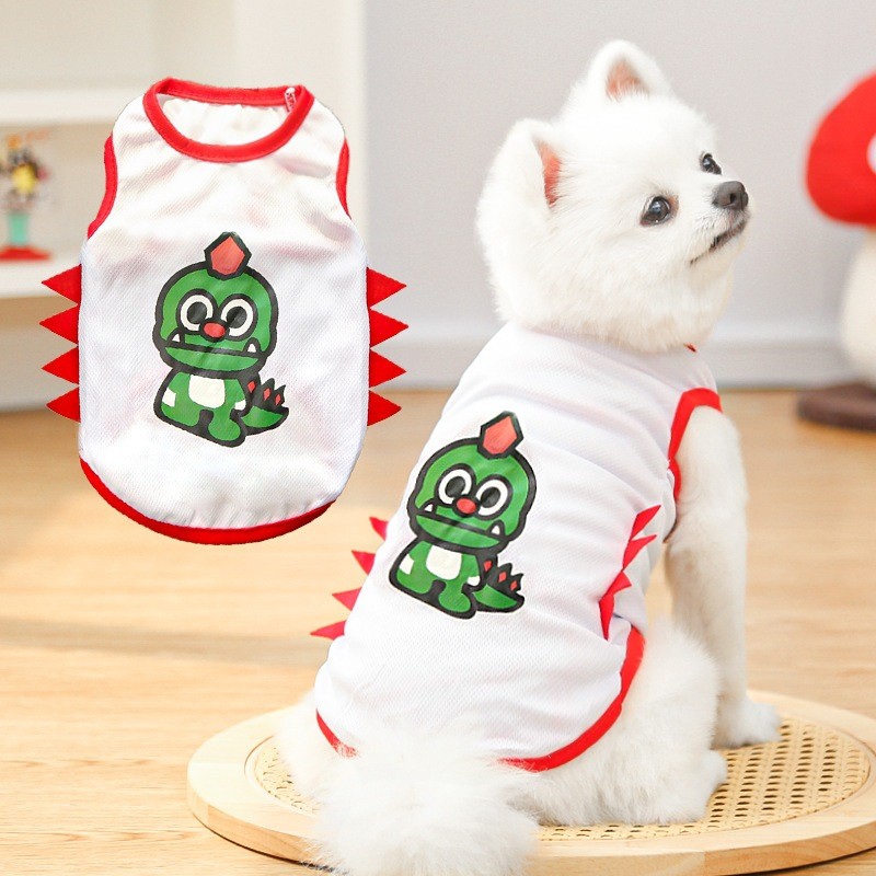 เสื้อผ้าสุนัข Dino การ์ตูนน่ารักฤดูร้อน - เสื้อกั๊กไดโนเสาร์ Spiked สีแดงสําหรับลูกสุนัข, ชุดฤดูร้อนสัตว์เลี้ยงระบายอากาศ