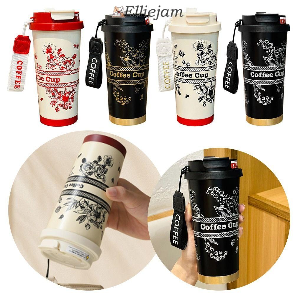 Elliejam ถ้วยกาแฟ, ถ้วยเก็บความร้อนความจุขนาดใหญ่ 500 มล., Simple Lily Of The Valley แก้วกาแฟผนังคู่สแตนเลสสําหรับเดินทาง